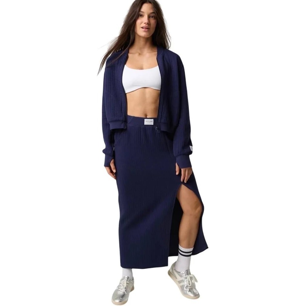 OFFLINE by Aerie Skirt XL Navy Blue Quilted Textured High Waist Side Slit Maxi